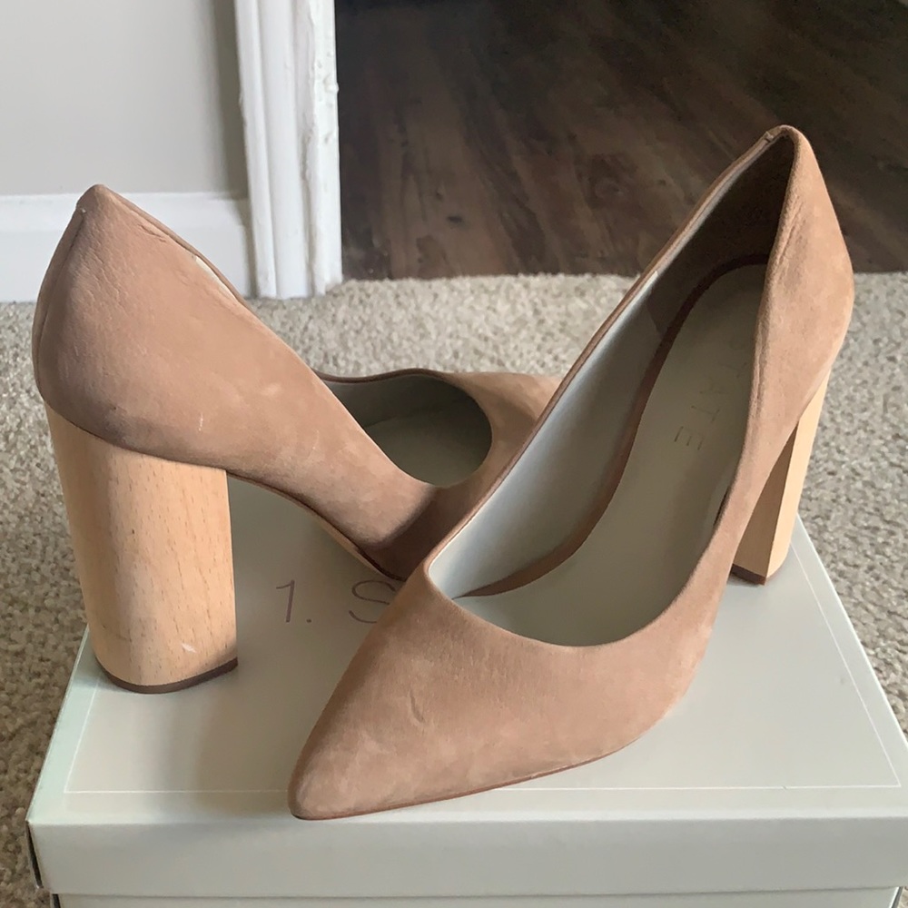 Nude Suede Pumps w/ Wood Block Heel